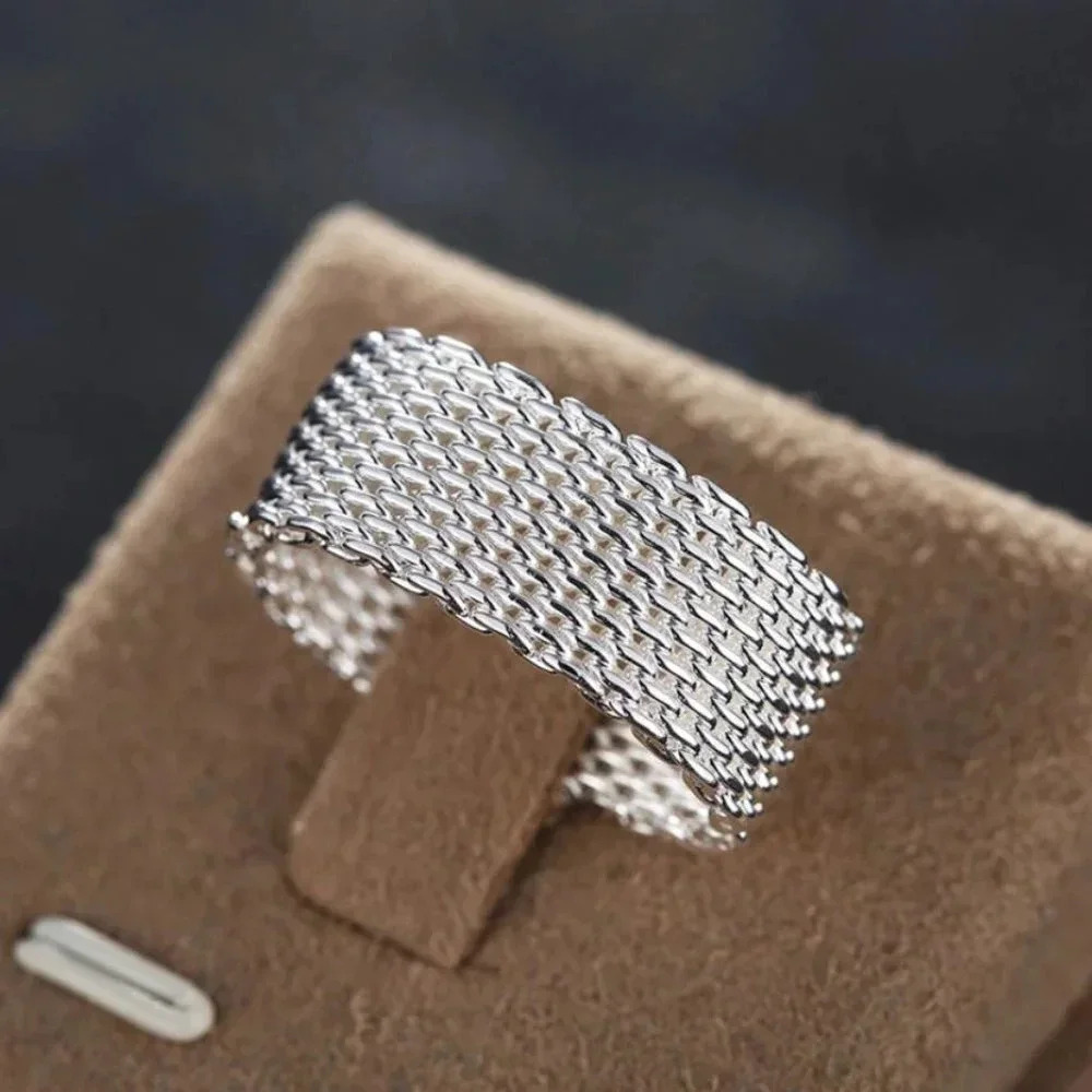 Minimalist 925 Sterling Silver Woven Weave Ring Thick Silver Ring Band